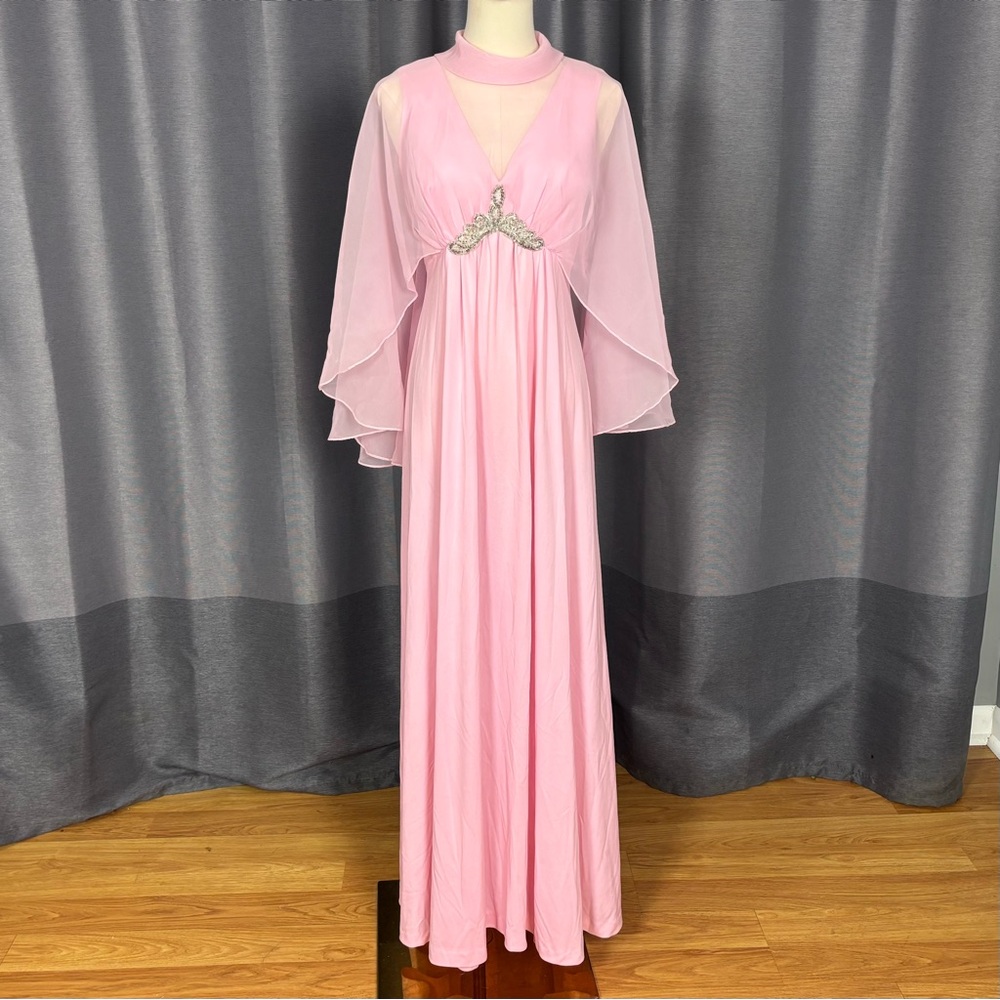 60s Vintage Pink Evening Gown Dress with Sheer Capelet Overlay and Beading